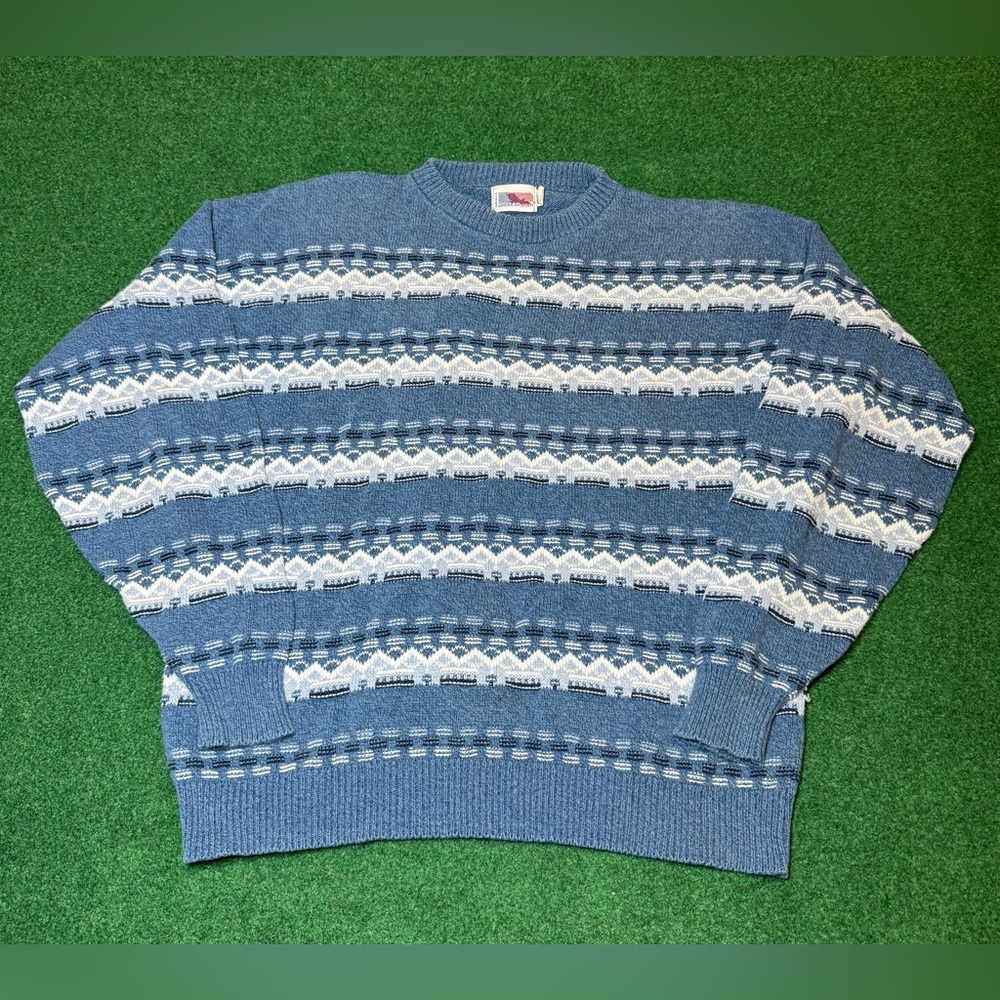 Vintage 90s American Spirit 100% Cotton Blue Pullover Stripped Knit Sweater